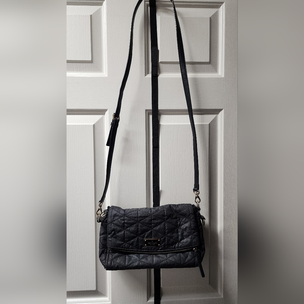 Kate Spade Zipper & Magnetic Snap Fold Over Pocket Black Quilted Crossbody Bag